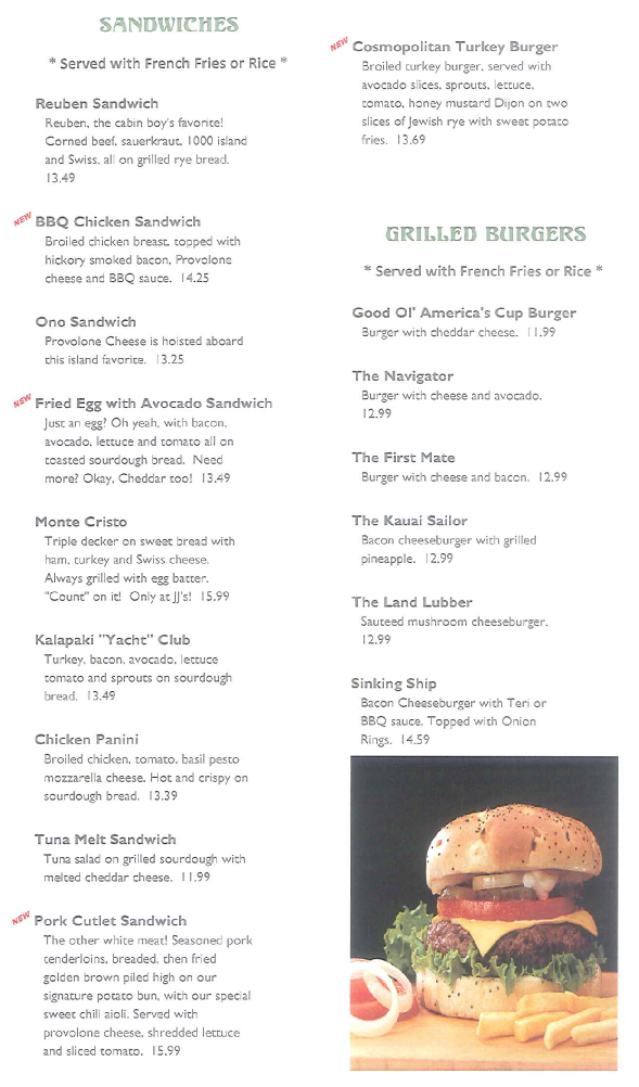 JJ's Broiler Lunch Menu Lihue Kauai Hawaii